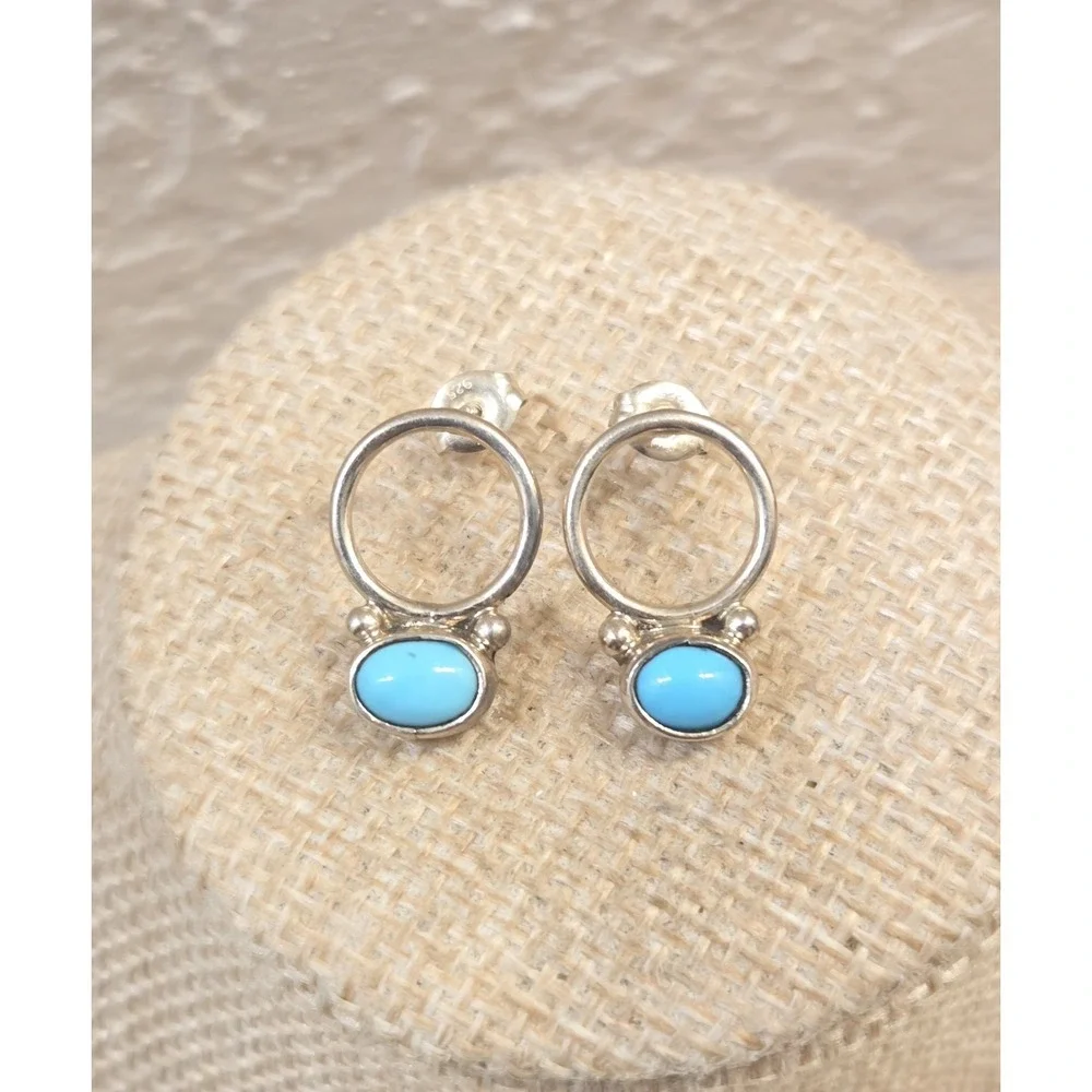 Genuine Native American Sterling Silver & Turquoise Door Knocker Dangle Earrings